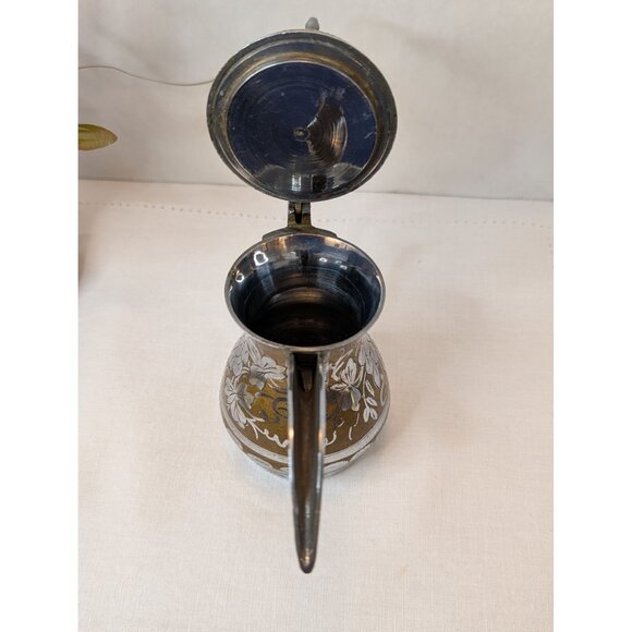 Vintage Dallah Coffee Pot Middle Eastern Style Brass & Silver Floral Engravings - Picture 5 of 10